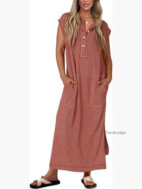 Ribbed Knit Henley Maxi Dress, Short Sleeve, Loose Fit, Maternity Friendly